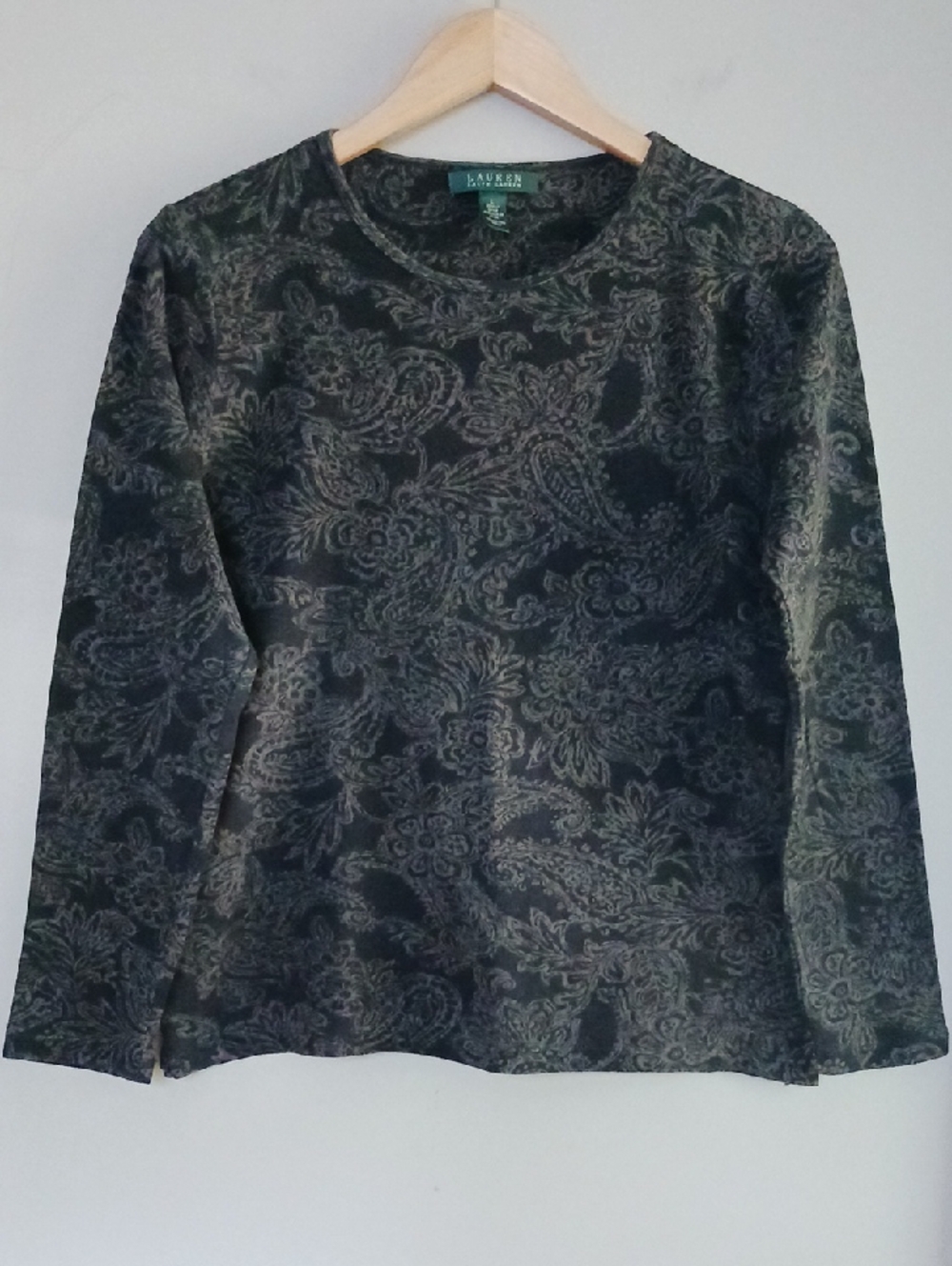 Lauren Ralph Lauren Paisley Long Sleeve Cotton T-Shirt Black/Gray Size L